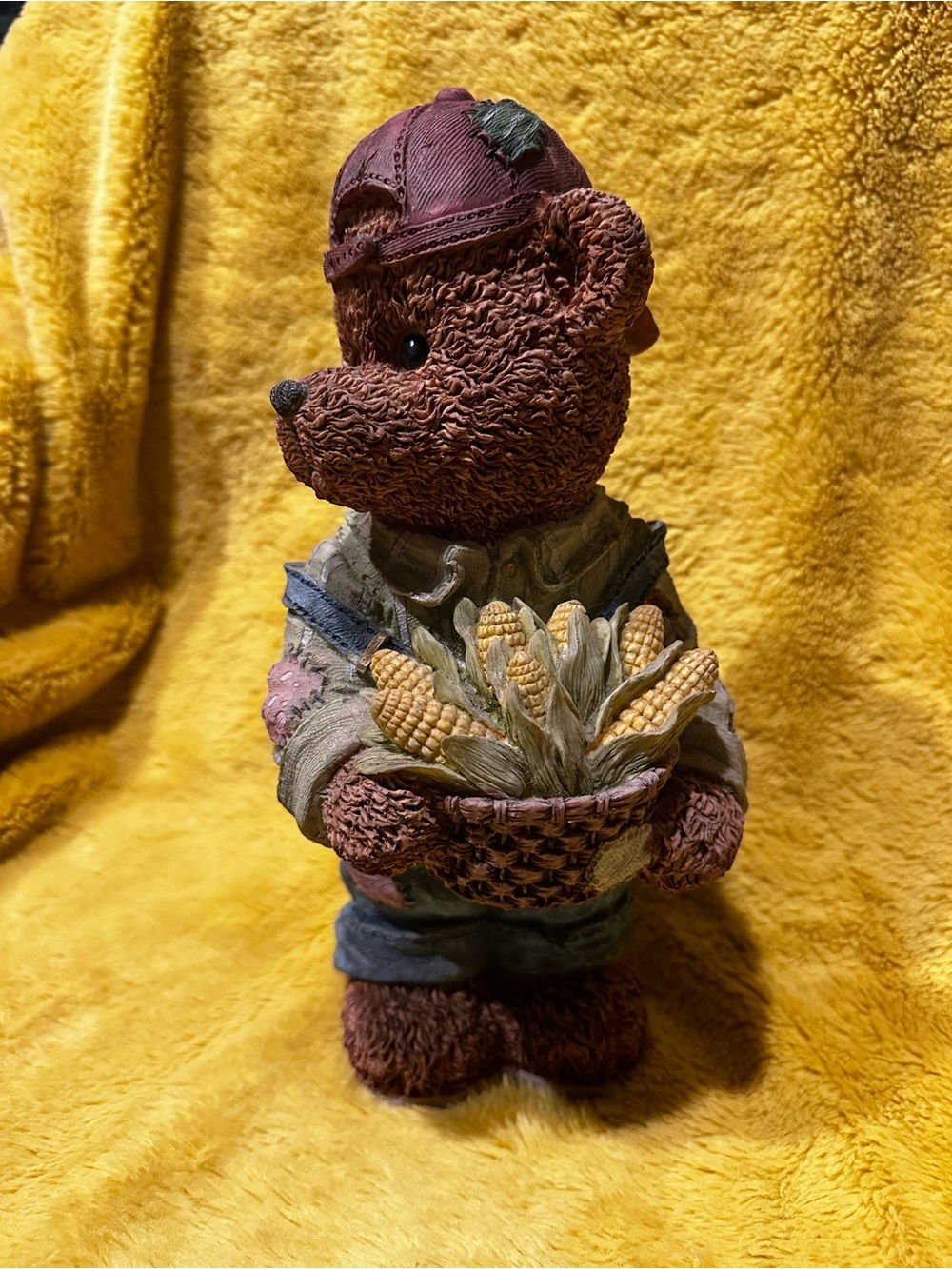 Vtg Large Farmer Teddy Bear Figurine Corns In Basket 10.5” Collectible Garden
